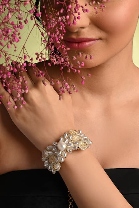 Buy House Of D"Oro White Beads, Pearls, Stones Serenebloom And Studded Bracelet Online at Aza Fashions Buy_House Of D"Oro_White Beads, Pearls, Stones Serenebloom And Studded Bracelet _Online_at_Aza_Fashions
