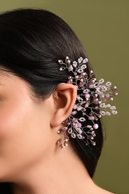 Buy_House Of D"Oro_Lilac Beads, Stones Bloomcore Beaded Floral Vine Ear Cuff _Online_at_Aza_Fashions