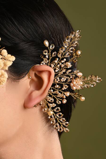 Buy_House Of D"Oro_Peach Beads, Pearls Florae And Crystal Embellished Earcuff _Online_at_Aza_Fashions