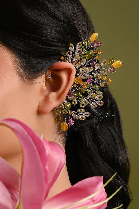 House Of D"Oro_Multi Color Beads, Stones Catherine Beaded Floral Cluster Earcuff _Online_at_Aza_Fashions