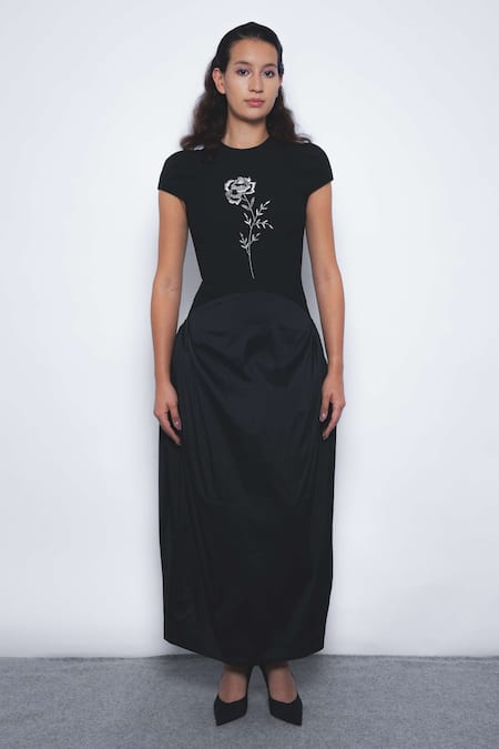 Leh Studios Black Viscose, Polyester Embroidery, Sequins Round Neck Hana Rose Dress 