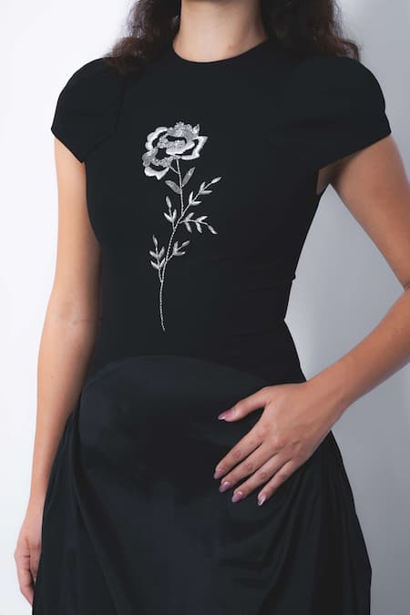 Shop Leh Studios Black Viscose, Polyester Embroidery, Sequins Round Neck Hana Rose Dress Online at Aza Fashions Shop_Leh Studios_Black Viscose, Polyester Embroidery, Sequins Round Neck Hana Rose Dress _Online_at_Aza_Fashions