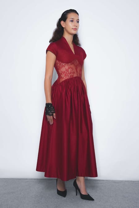 Leh Studios_Red Cotton Lace V-neck Joji And Panel Midi Dress _Online_at_Aza_Fashions