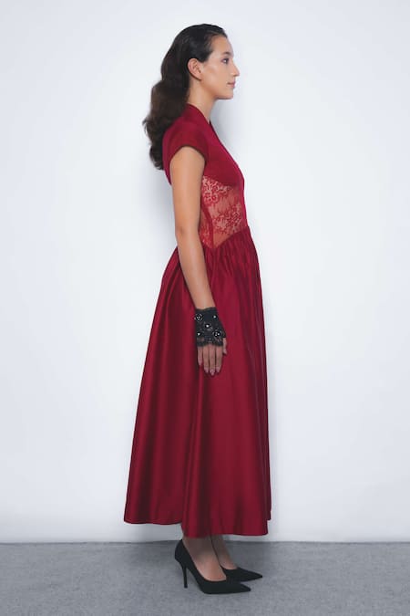 Buy_Leh Studios_Red Cotton Lace V-neck Joji And Panel Midi Dress _Online_at_Aza_Fashions