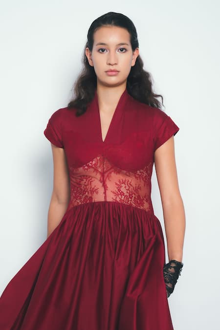 Shop_Leh Studios_Red Cotton Lace V-neck Joji And Panel Midi Dress _Online_at_Aza_Fashions