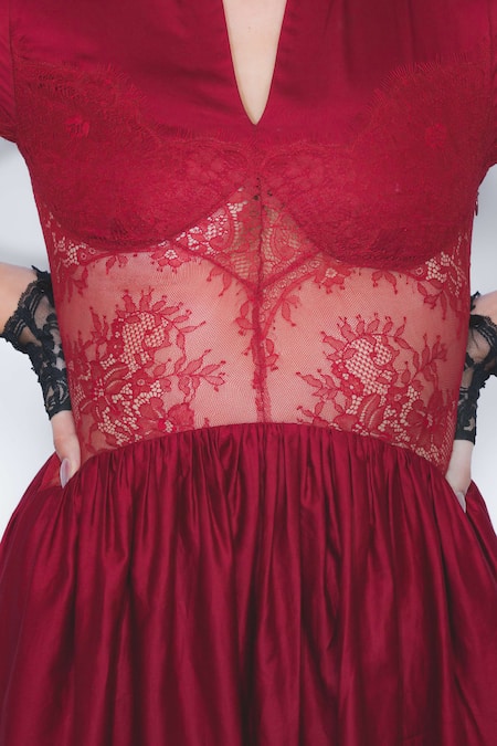 Leh Studios_Red Cotton Lace V-neck Joji And Panel Midi Dress _at_Aza_Fashions