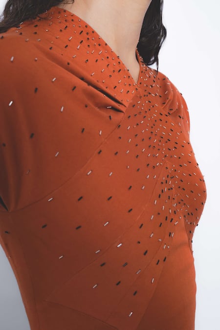 Leh Studios Orange Cotton Beads V-neck Cap Sleeve Brillo Dress Online at Aza Fashions Leh Studios_Orange Cotton Beads V-neck Cap Sleeve Brillo Dress _Online_at_Aza_Fashions