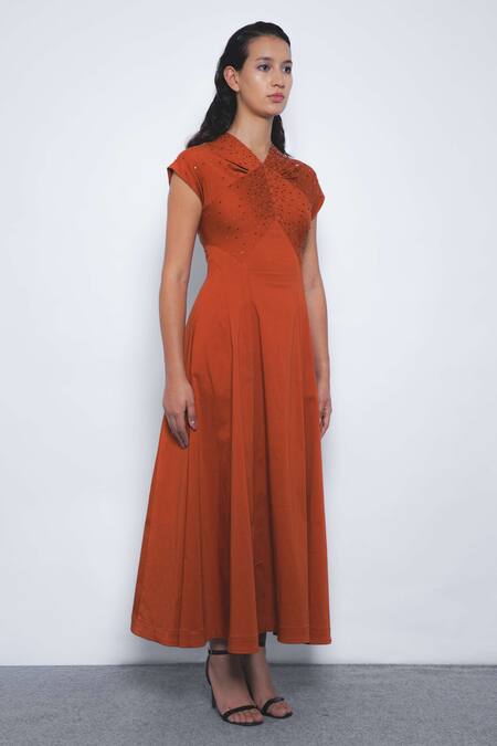 Buy Leh Studios Orange Cotton Beads V-neck Cap Sleeve Brillo Dress Online at Aza Fashions Buy_Leh Studios_Orange Cotton Beads V-neck Cap Sleeve Brillo Dress _Online_at_Aza_Fashions