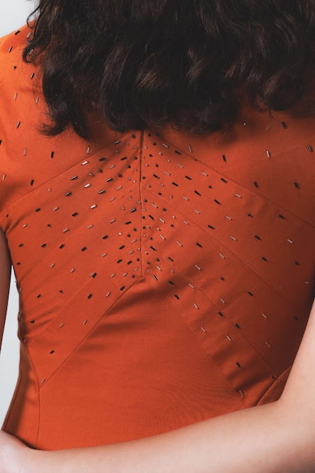 Leh Studios Orange Cotton Beads V-neck Cap Sleeve Brillo Dress at Aza Fashions Leh Studios_Orange Cotton Beads V-neck Cap Sleeve Brillo Dress _at_Aza_Fashions