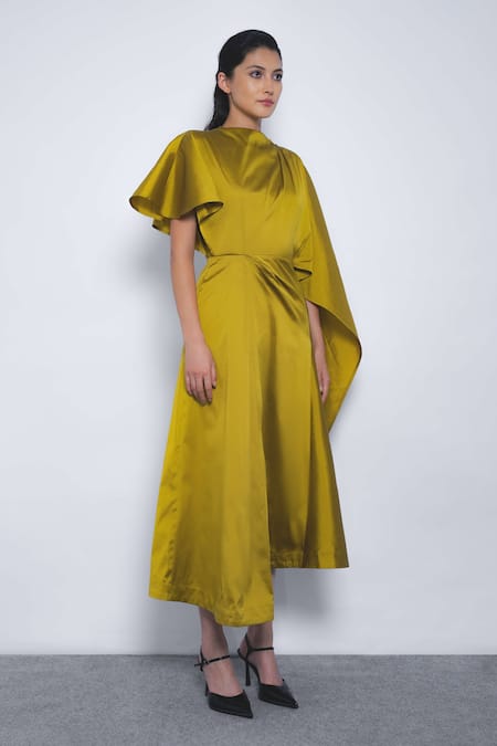 Leh Studios_Mustard Viscose, Polyester High Neck Velo Draped Asymmetrical Dress _Online_at_Aza_Fashions