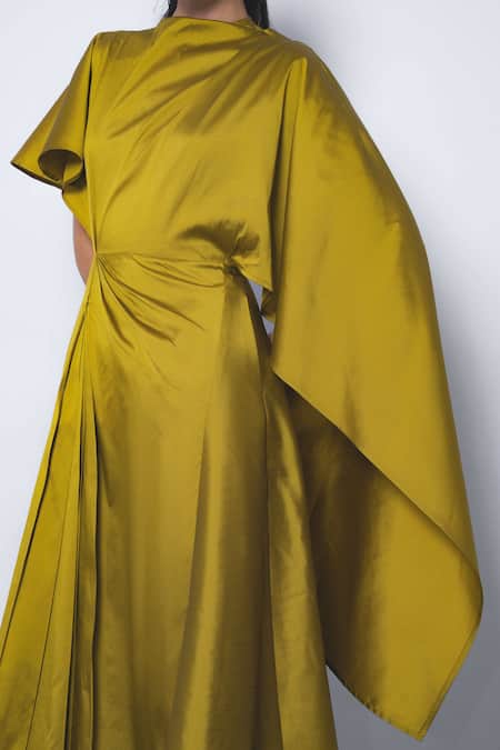 Buy_Leh Studios_Mustard Viscose, Polyester High Neck Velo Draped Asymmetrical Dress _Online_at_Aza_Fashions