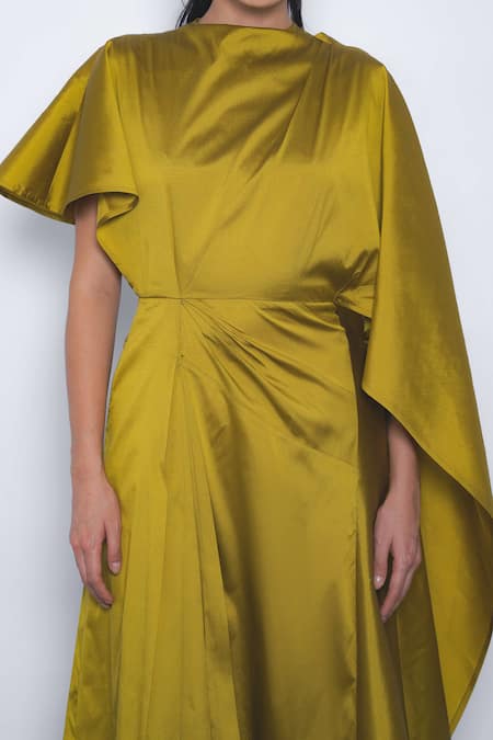 Shop_Leh Studios_Mustard Viscose, Polyester High Neck Velo Draped Asymmetrical Dress _Online_at_Aza_Fashions