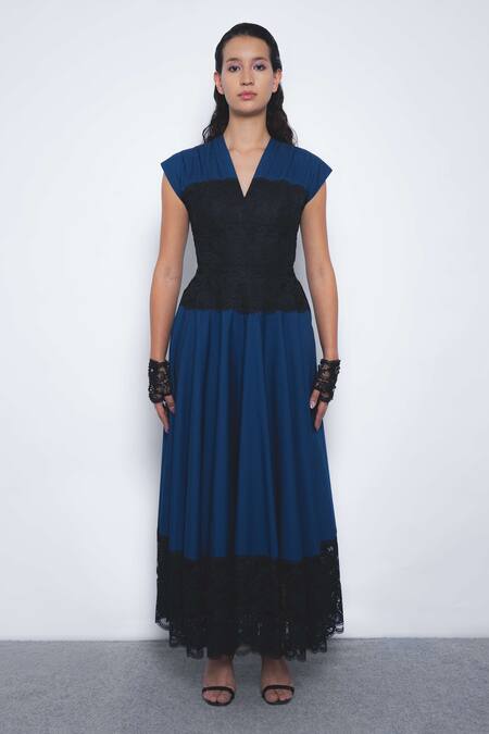 Leh Studios_Navy Cotton Lace V-neck Baile V Dress _Online_at_Aza_Fashions