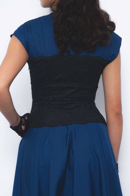 Buy_Leh Studios_Navy Cotton Lace V-neck Baile V Dress _Online_at_Aza_Fashions