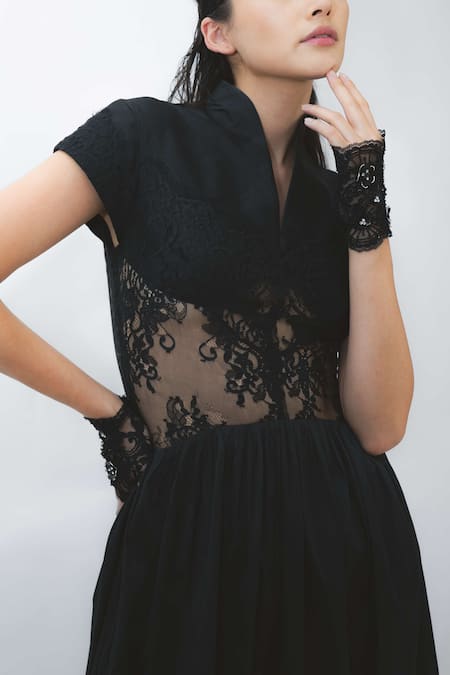 Leh Studios Black Viscose, Polyester Lace V-, High Panel Dress Online at Aza Fashions Leh Studios_Black Viscose, Polyester Lace V-, High Panel Dress _Online_at_Aza_Fashions