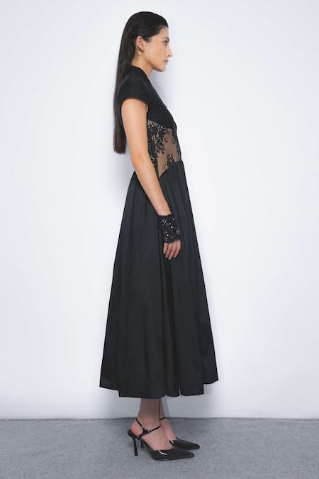 Buy Leh Studios Black Viscose, Polyester Lace V-, High Panel Dress Online at Aza Fashions Buy_Leh Studios_Black Viscose, Polyester Lace V-, High Panel Dress _Online_at_Aza_Fashions