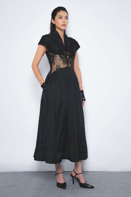 Shop Leh Studios Black Viscose, Polyester Lace V-, High Panel Dress Online at Aza Fashions Shop_Leh Studios_Black Viscose, Polyester Lace V-, High Panel Dress _Online_at_Aza_Fashions