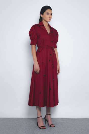 LEH STUDIOS_Red Cotton Embroidery, Sequins Collared, V-neck Ume Puff Sleeve Dress _Online_at_Aza_Fashions