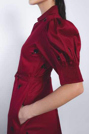 Buy_LEH STUDIOS_Red Cotton Embroidery, Sequins Collared, V-neck Ume Puff Sleeve Dress _Online_at_Aza_Fashions
