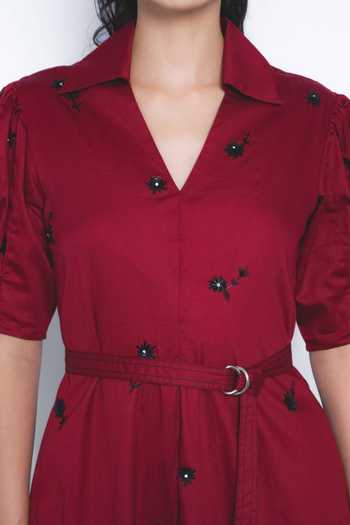Shop_LEH STUDIOS_Red Cotton Embroidery, Sequins Collared, V-neck Ume Puff Sleeve Dress _Online_at_Aza_Fashions