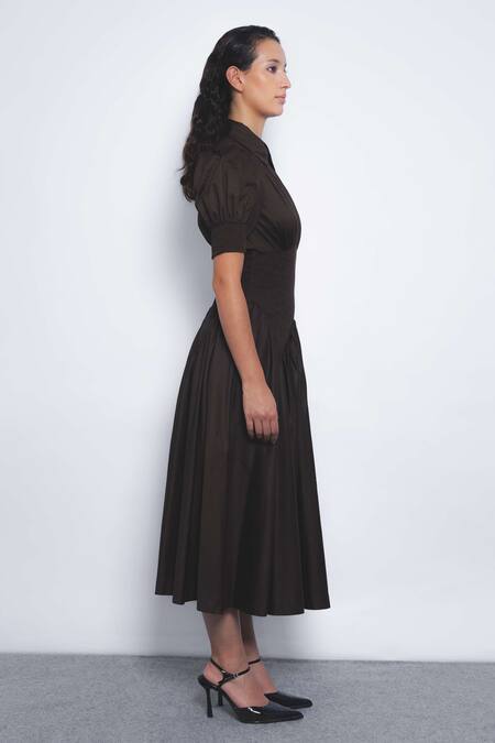 Buy Leh Studios Chocolate Cotton Collared Yoru Puff Sleeve Shirred Waist Dress Online at Aza Fashions Buy_Leh Studios_Chocolate Cotton Collared Yoru Puff Sleeve Shirred Waist Dress _Online_at_Aza_Fashions