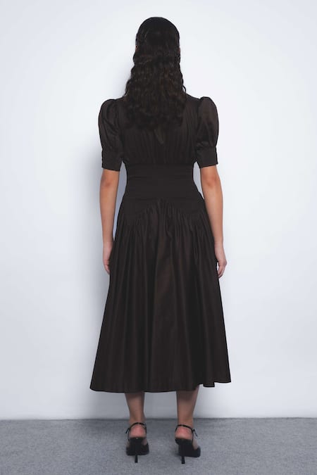 Leh Studios Yoru Puff Sleeve Collared Shirred Waist Dress 