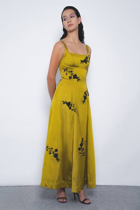 Leh Studios_Mustard Viscose, Polyester Embroidery Square Neck Kaika Floral Dress _Online_at_Aza_Fashions