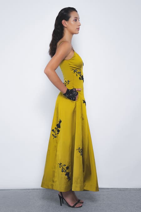 Buy_Leh Studios_Mustard Viscose, Polyester Embroidery Square Neck Kaika Floral Dress _Online_at_Aza_Fashions