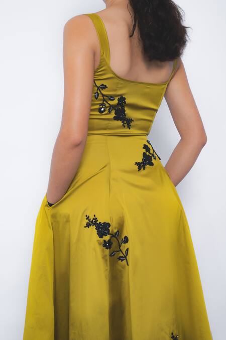 Shop_Leh Studios_Mustard Viscose, Polyester Embroidery Square Neck Kaika Floral Dress _Online_at_Aza_Fashions