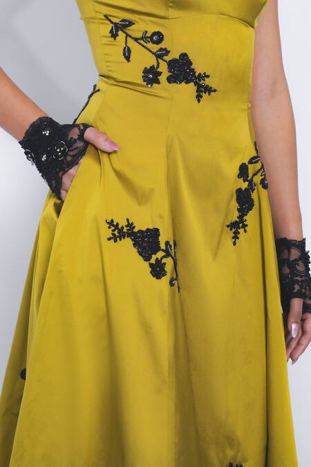 Leh Studios_Mustard Viscose, Polyester Embroidery Square Neck Kaika Floral Dress _at_Aza_Fashions