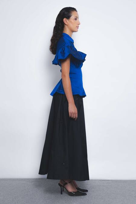 Leh Studios_Blue Viscose, Polyester Collared Cumulus Ruffled Peplum Top _Online_at_Aza_Fashions