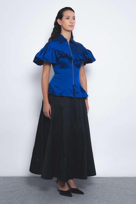 Shop_Leh Studios_Blue Viscose, Polyester Collared Cumulus Ruffled Peplum Top _Online_at_Aza_Fashions