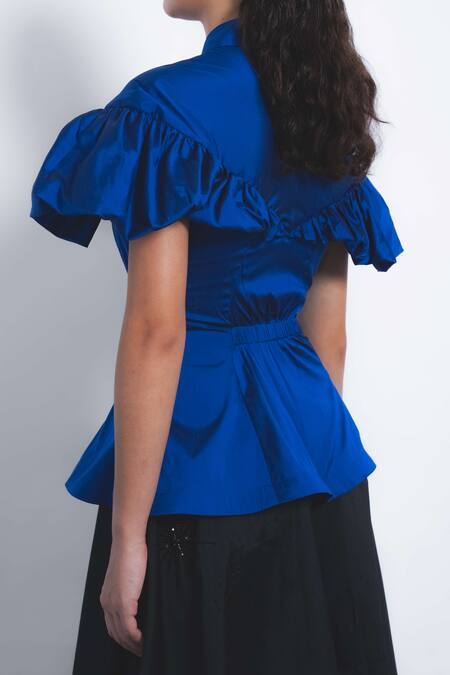 Leh Studios_Blue Viscose, Polyester Collared Cumulus Ruffled Peplum Top _at_Aza_Fashions