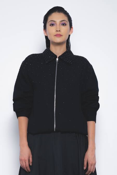 Leh Studios_Black Linen Sequins, Beads Collared Stargaze Embellished Jacket _Online_at_Aza_Fashions