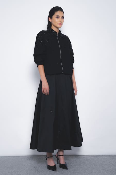 Shop_Leh Studios_Black Linen Sequins, Beads Collared Stargaze Embellished Jacket _Online_at_Aza_Fashions