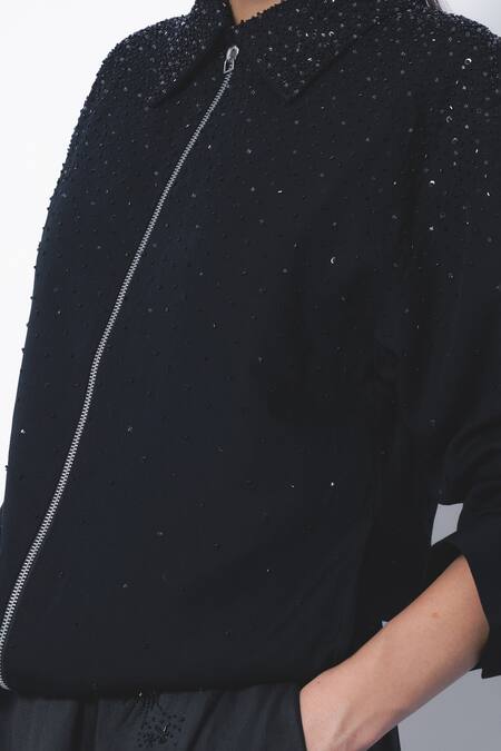 Leh Studios_Black Linen Sequins, Beads Collared Stargaze Embellished Jacket _at_Aza_Fashions