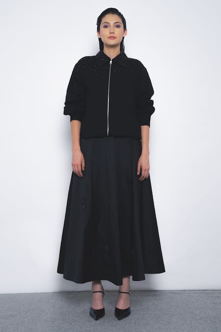 Leh Studios Black Viscose, Polyester Sequins, Beads Starlight Embroidered Flared Skirt 