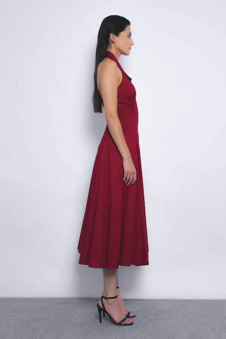 Leh Studios_Red Cotton Halter Neck, V-neck, Collared Vita Pleated Midi Dress _Online_at_Aza_Fashions