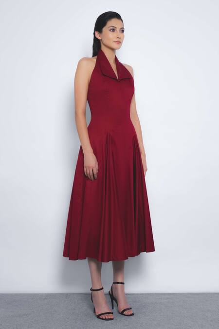 Buy_Leh Studios_Red Cotton Halter Neck, V-neck, Collared Vita Pleated Midi Dress _Online_at_Aza_Fashions
