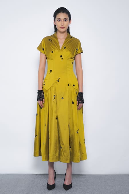 Leh Studios Mustard Viscose, Polyester Embroidery V-neck, Collared Oka Midi Dress 