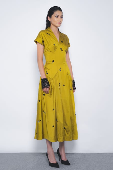 Shop_Leh Studios_Mustard Viscose, Polyester Embroidery V-neck, Collared Oka Midi Dress _Online_at_Aza_Fashions