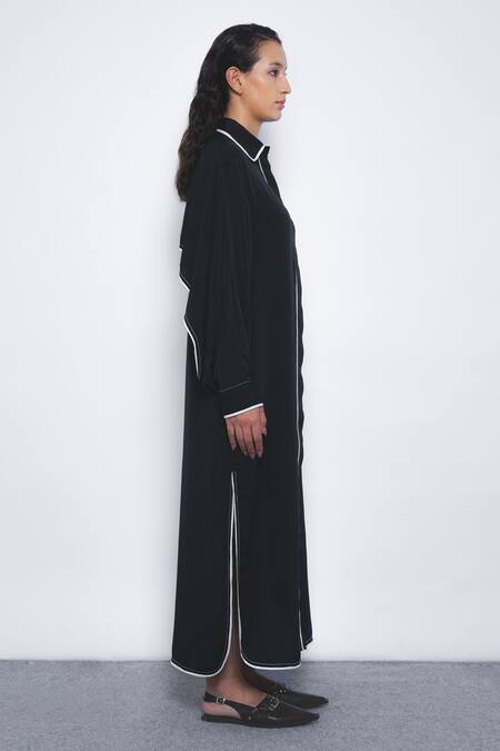 Buy_Leh Studios_Black Viscose, Polyester Collared, V-neck Elian Contrast Piped Shirt Dress _Online_at_Aza_Fashions
