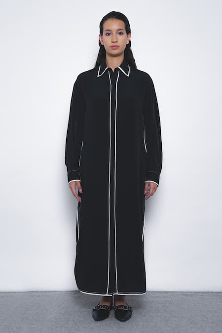 Shop_Leh Studios_Black Viscose, Polyester Collared, V-neck Elian Contrast Piped Shirt Dress _Online_at_Aza_Fashions