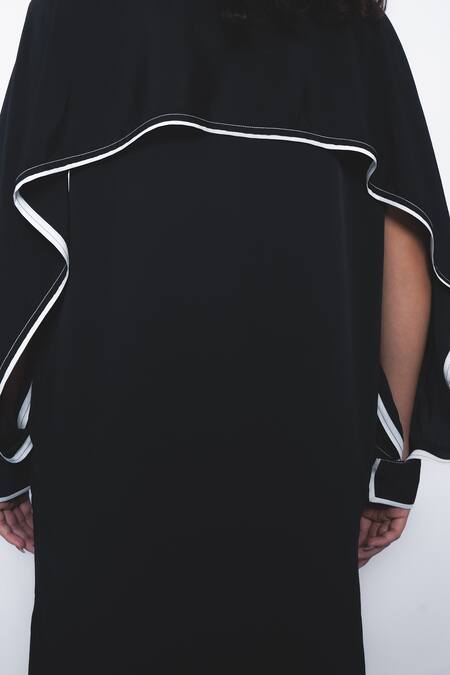 Leh Studios_Black Viscose, Polyester Collared, V-neck Elian Contrast Piped Shirt Dress _at_Aza_Fashions