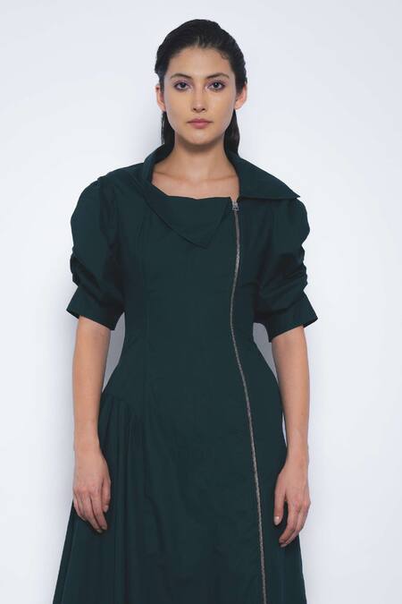 Leh Studios_Emerald Green Cotton Asymmetric, Collared Soir Zip Dress _Online_at_Aza_Fashions
