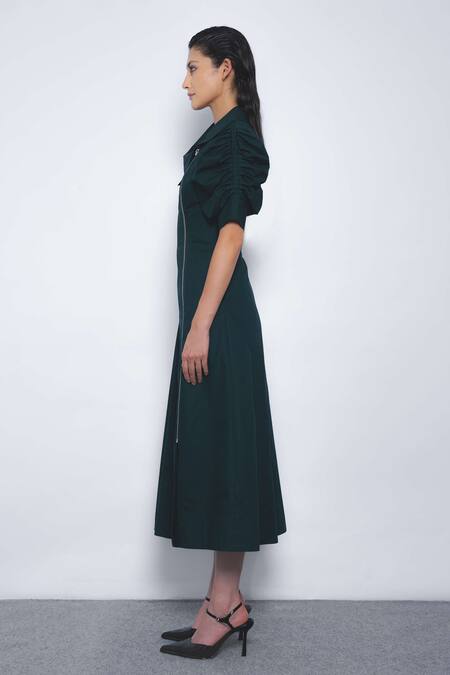 Shop_Leh Studios_Emerald Green Cotton Asymmetric, Collared Soir Zip Dress _Online_at_Aza_Fashions