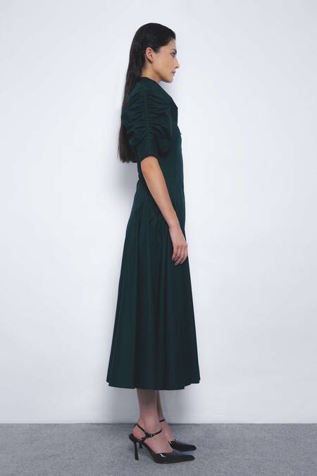 Leh Studios_Emerald Green Cotton Asymmetric, Collared Soir Zip Dress _at_Aza_Fashions