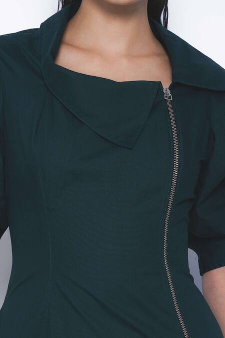 Buy_Leh Studios_Emerald Green Cotton Asymmetric, Collared Soir Zip Dress 