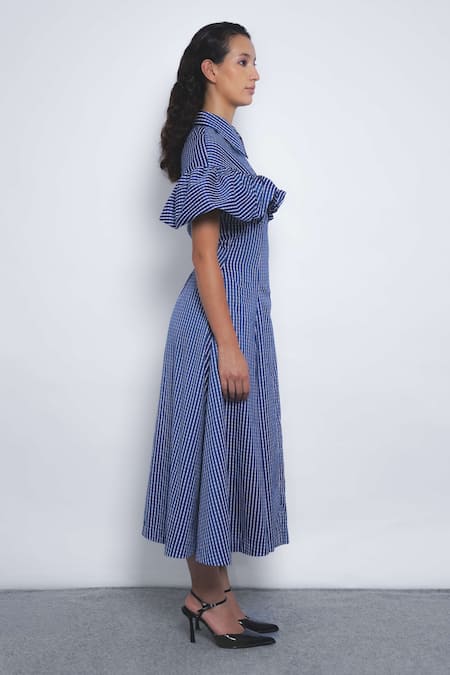 Leh Studios_Blue Viscose, Polyester Collared, V-neck Cumulus Ruffled Shoulder Dress _Online_at_Aza_Fashions