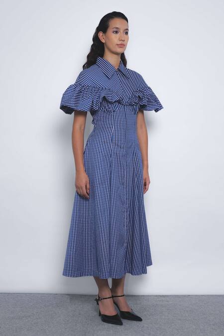 Buy_Leh Studios_Blue Viscose, Polyester Collared, V-neck Cumulus Ruffled Shoulder Dress _Online_at_Aza_Fashions